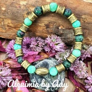 Chunky Ruby Zoisite Amazonite and gold beaded bracelet/ maximalism